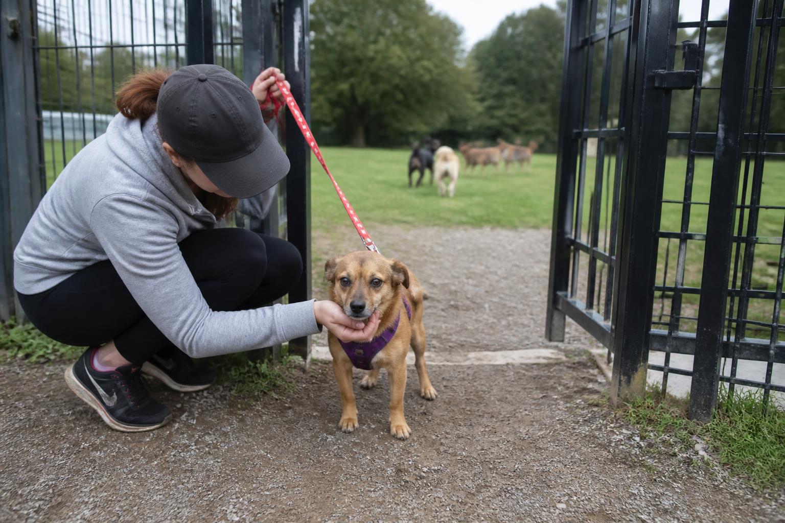A woman crouched beside her small rescue dog just inside a dog park's double gate, other dogs playing in the background