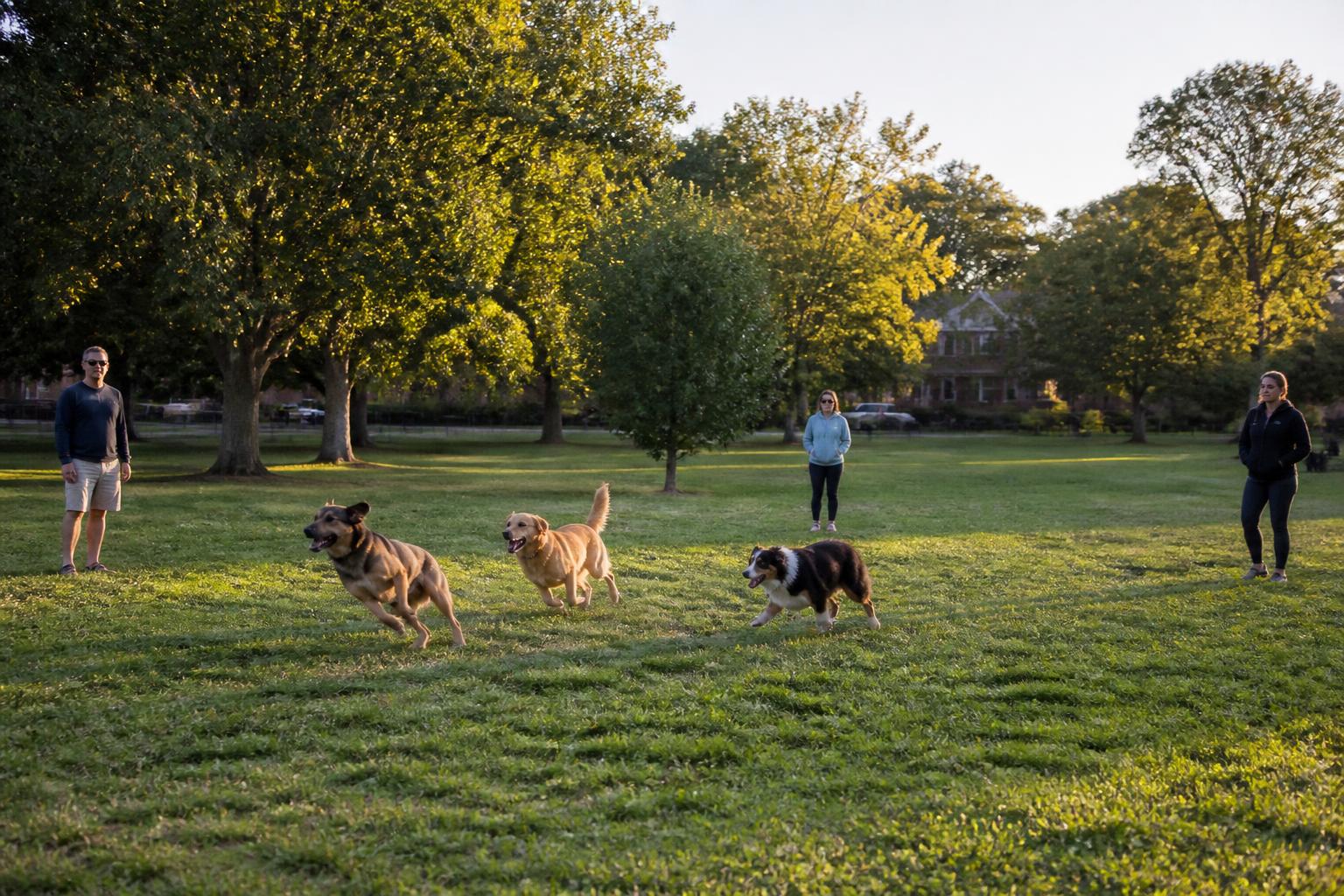 Three dogs chasing each other across a grassy off-leash park while their owners stand spread out watching